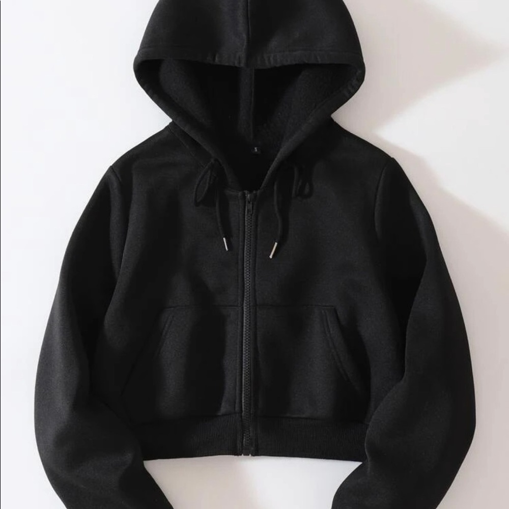 Solid Drawstring Zip Up Thermal Lined Crop black Hoodie